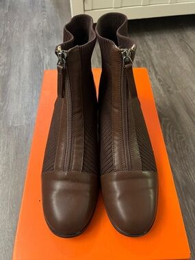 Journee Collection Brown Front-Zip Stretch Knit Ankle Boots